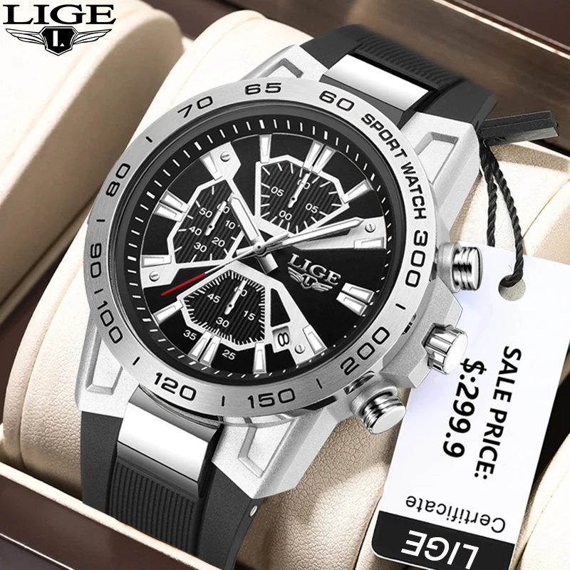 LIGE High-end luxury Man Watch Business Fashion Silicone Gentlemen Quartz Watches for Men Waterproof Casual Sport Date Clock+Box