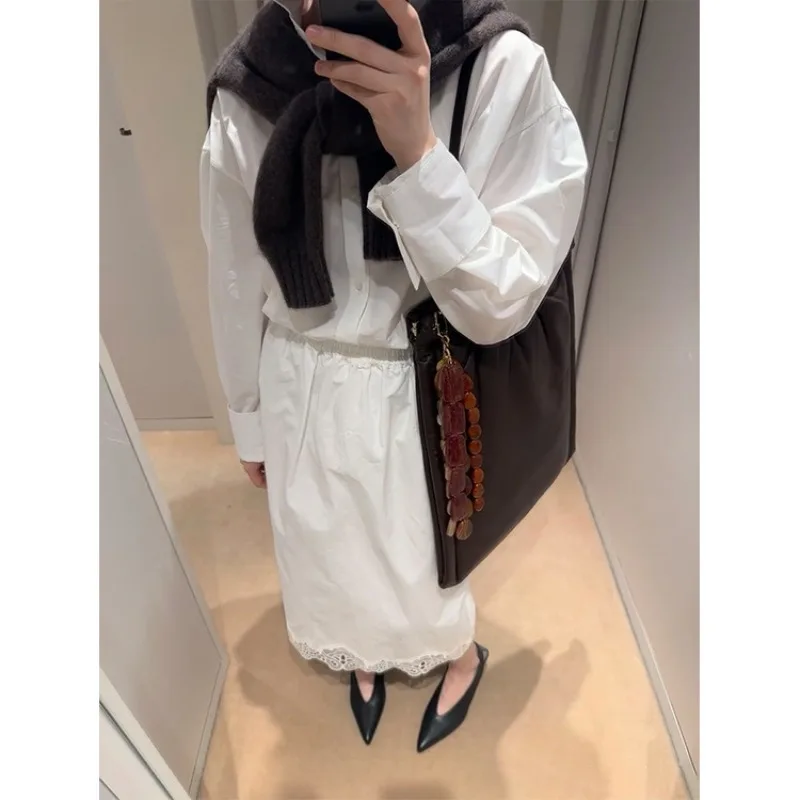 

Spring and Summer French Cotton Lace Embroidered Lace White Skirt Back Slit Mid-length Skirt