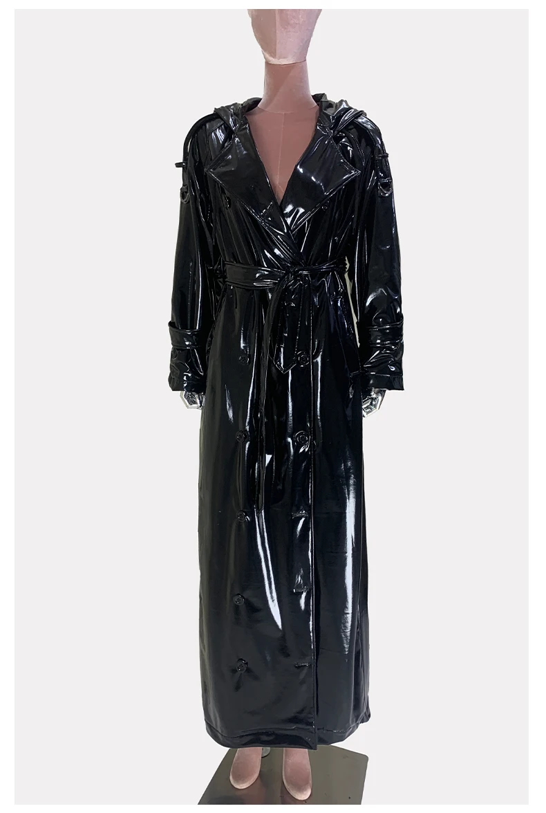 Nerazzurri Autumn Extra Long Shiny Black Soft Patent Pu Leather Trench Coat for Women with Hood Double Breasted European Fashion
