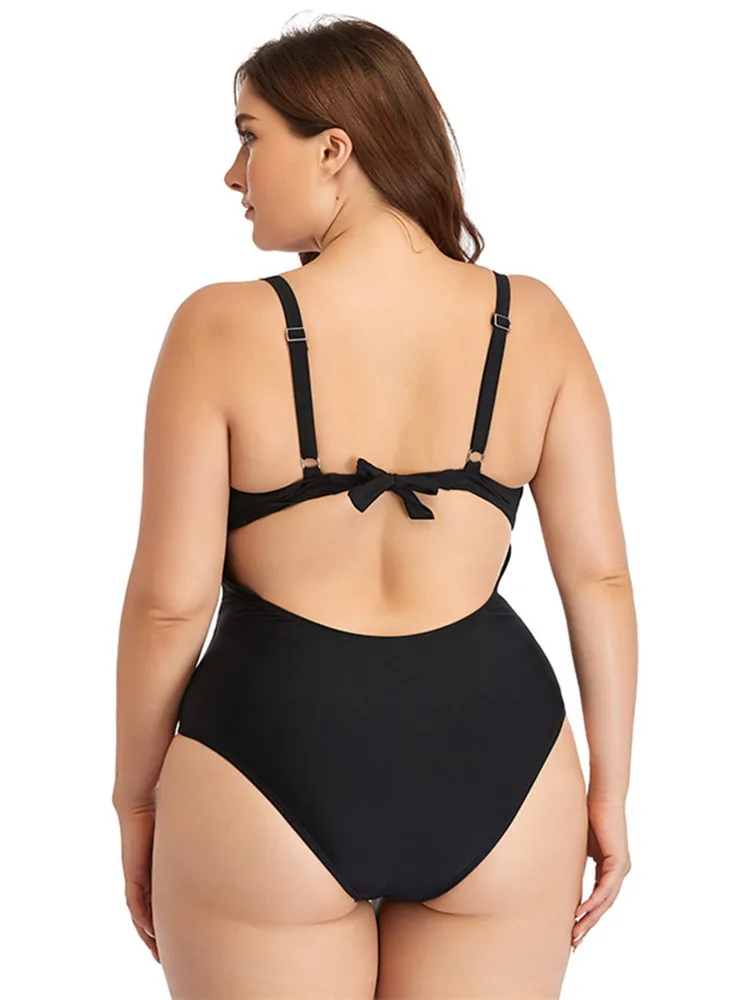 Women Plus Size Swimsuit 2023 One Piece Bikini Swimwear Sexy Tankini Tape Beachwear Bathing Suit Monokini Large Size 4XL Black