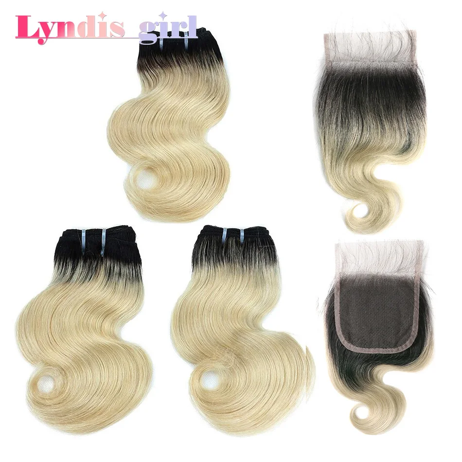 Perruque Bob Brésilienne Remy avec Closure, Cheveux Naturels Courts et Ondulés, Style Blond, 50g par Lot, 3 Lots