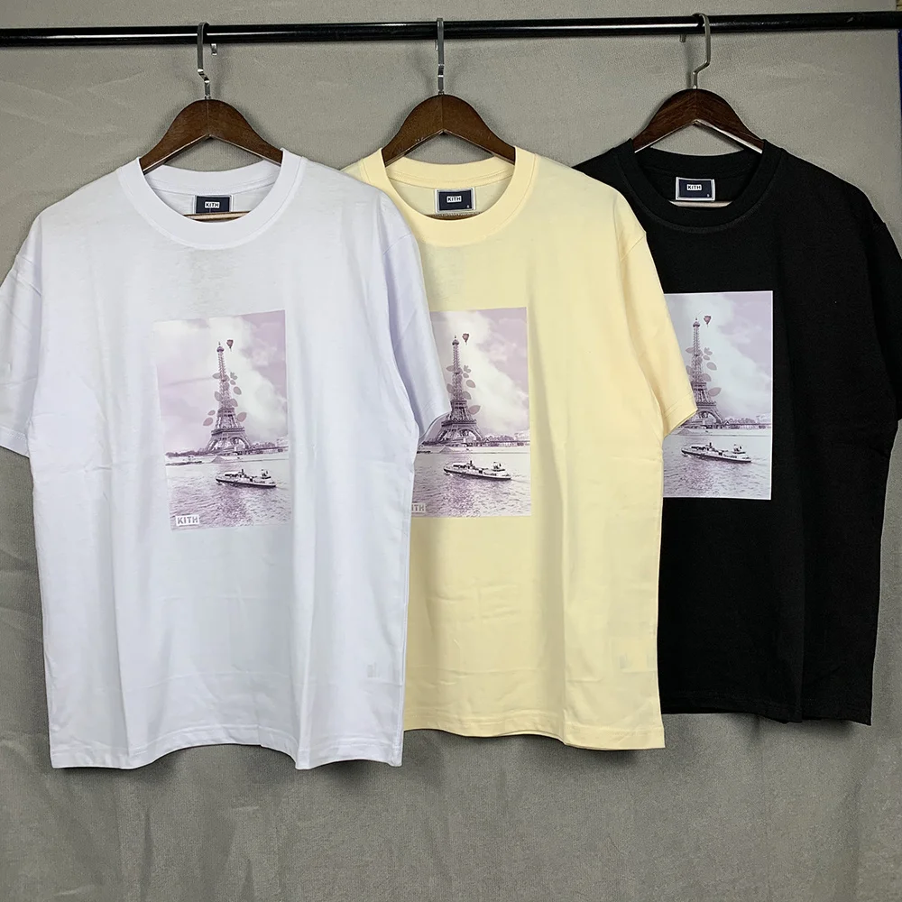 KITH American Style Short Sleeve T-Shirt Pure Cotton Printed Eiffel Tower Trendy Streetwear Hamper Brown Unisex Casual Tee