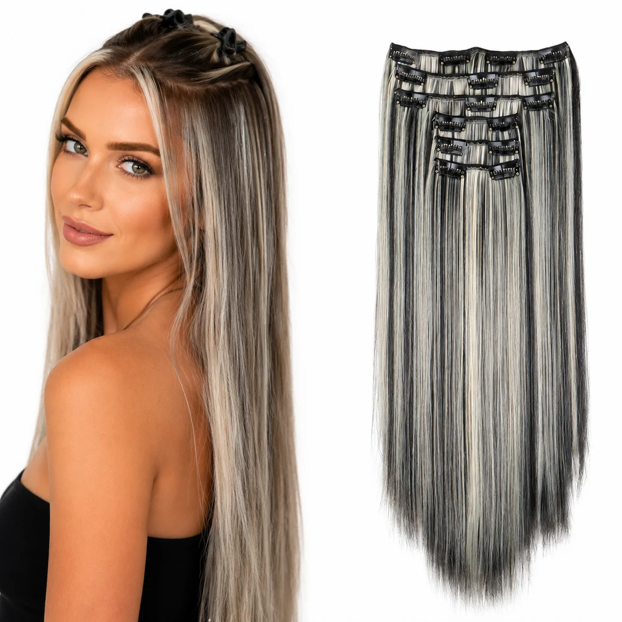 

Synthetic 16 clip seamless hair extension synthetic 24 inch long straight heat-resistant fiber wig