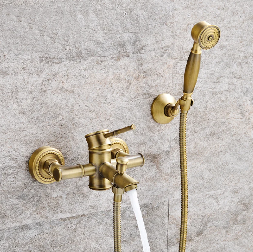 Bamboo style Antique Brass Shower Faucet Set Exposed bath Shower Set Bathroom Wall Mount Shower Valve Set N-4122