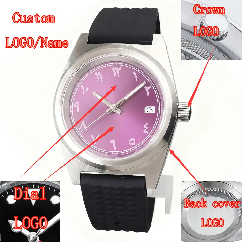 LOGO personalizzato Orologio da uomo automatico da 38 mm Cassa spazzolata Cinturino in caucciù con cristallo di zaffiro Orologi da uomo Orologio da polso meccanico NH35