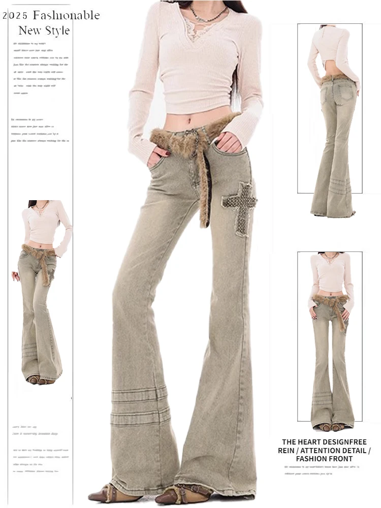 

Ретро-джинсы с вышивкой и пэчворком в американском стиле, с высокой талией, расклешенные, женские, весенние, новые, повседневные, широкие штанины