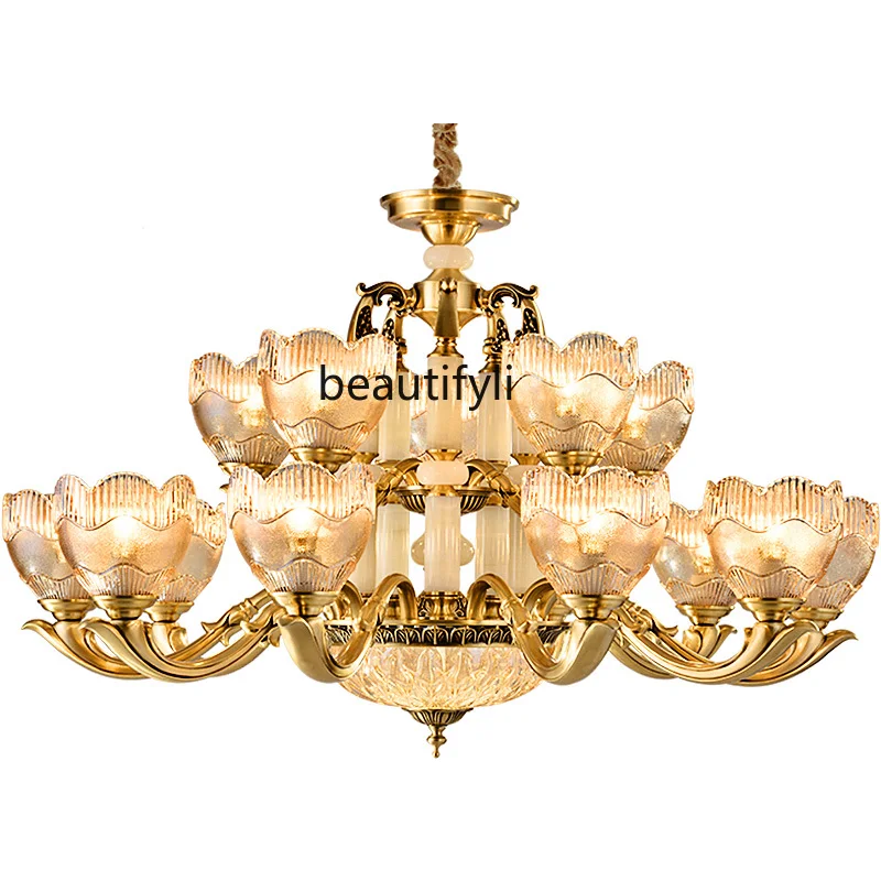 

LBX Carved Copper Jade Crystal Chandelier Living Room Atmosphere Villa Restaurant Bedroom Light