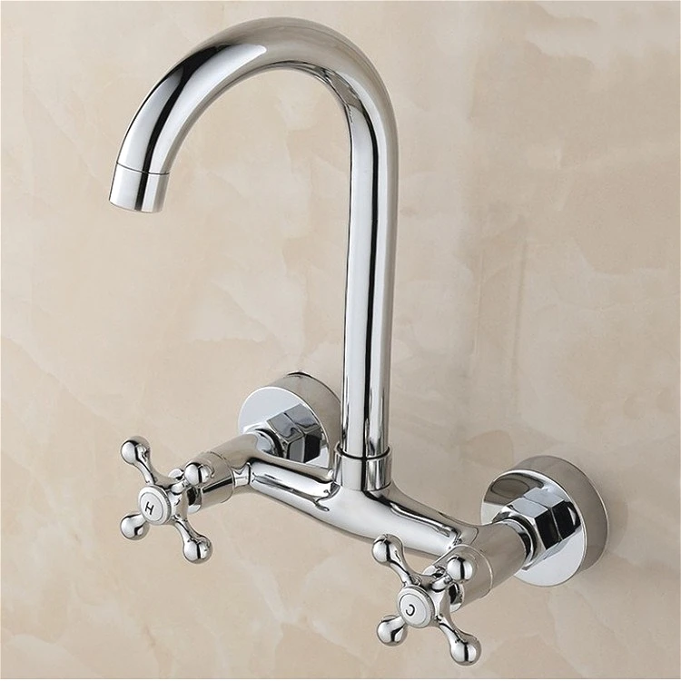 ダブルハンドルキッチン蛇口温冷両用、壁掛け混合シャワー蛇口、真鍮製洗面台蛇口