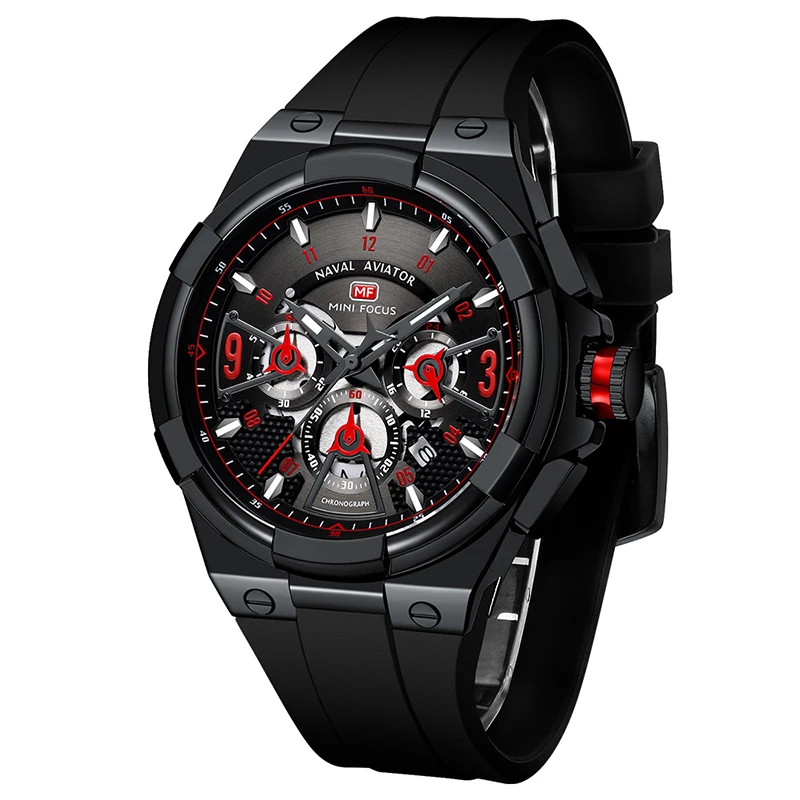 

MINI FOCUS MF0402G Sports Fashion Quartz Watches Waterproof Chronograph Calendar Black Silicone Strap Men Watch