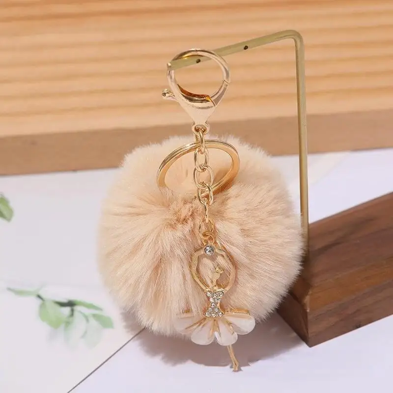 1Pcs Fluffy Faux Fur Pom Pom Keychain Gold Clasp Crystal Ballerina Charm Portable Purse Pendant for Daily Commute