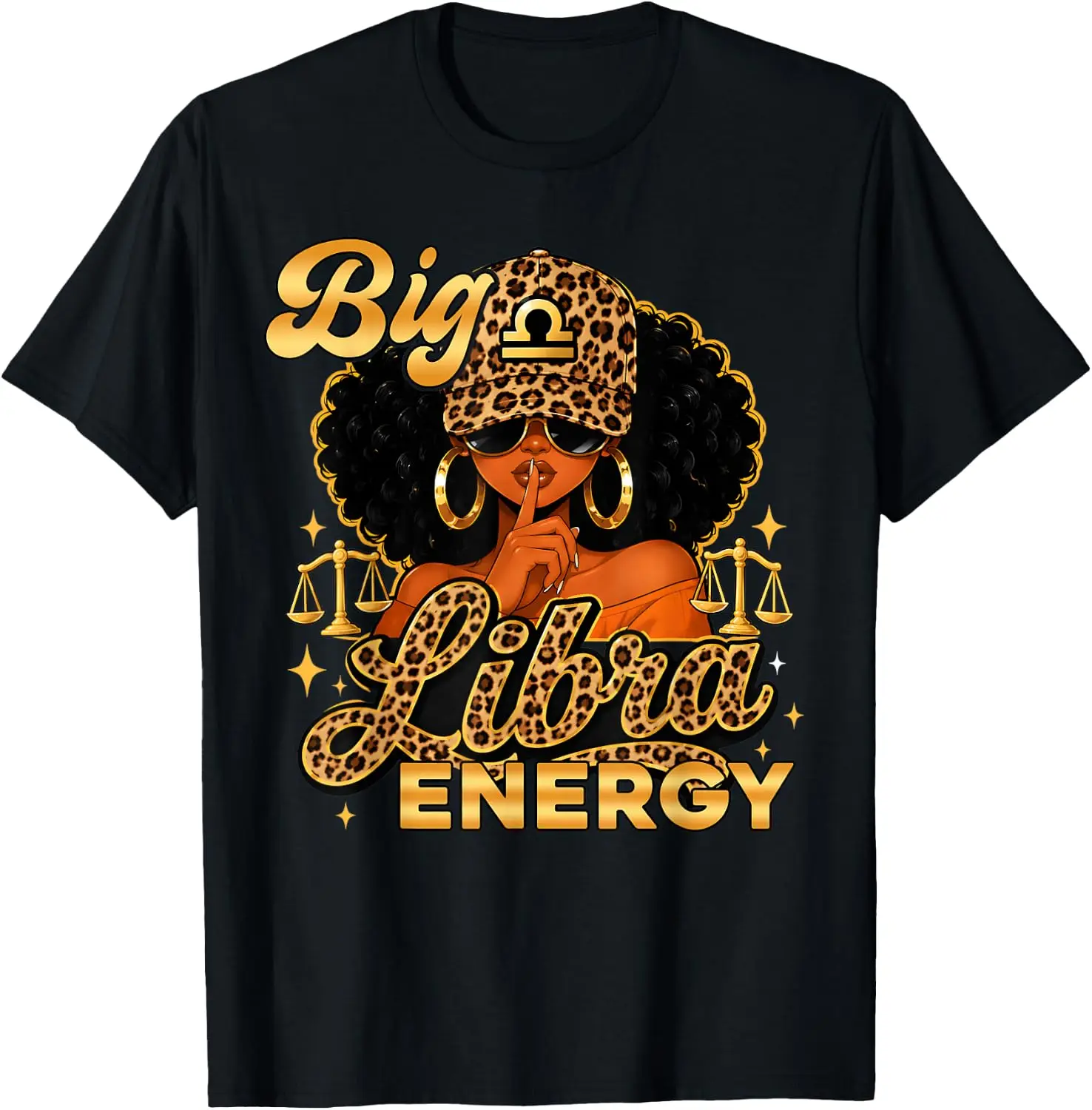 Big Libra Energy Black Woman Leopard Zodiac Birthday Girls T-Shirt