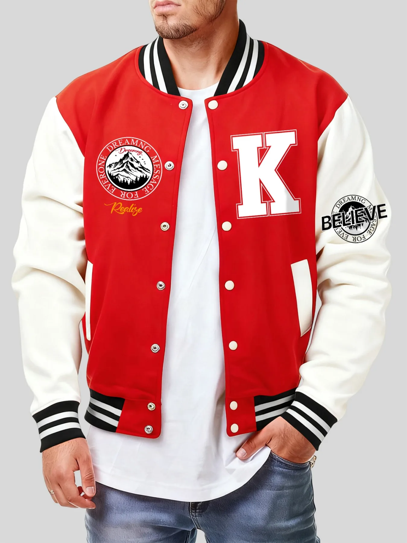 

Letter K Believe Realize Print Jackets Men Casual Comics Clothing Harajuku Fleece Y2K Menswear Autumn Streetwear Baseball Jersey