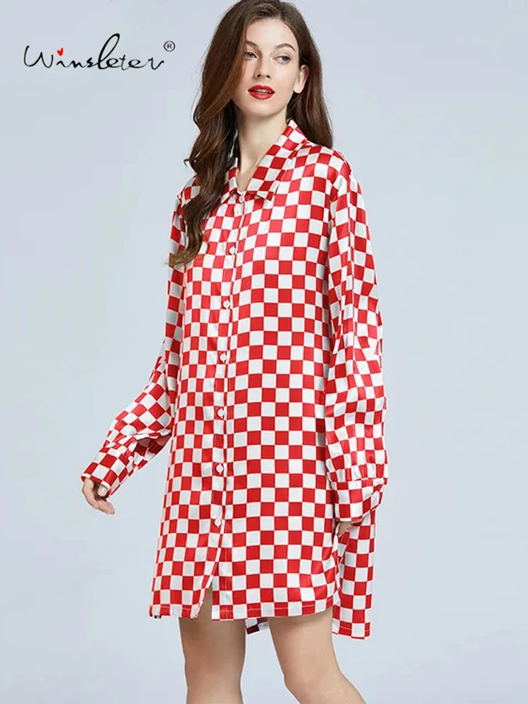 

Women French Checkerboard Plaid Casual Home Clothing,2024 Spring Summer 19MM 100%Real Silk Long Pajama Shirt P41112QC