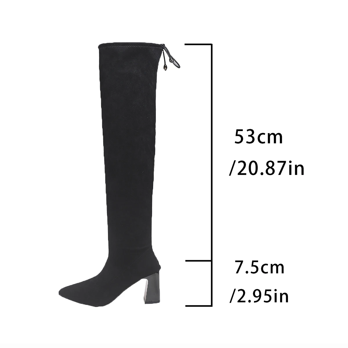 Damen Overknee-Stiefel mit spitzer Zehenpartie, Stretch-Wildleder, transparenter Blockabsatz, Overknee-Stiefel mit Kordelzug am Rücken, Damen-Party-Fashion – Detail 10