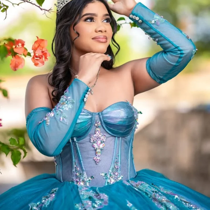 

lake blue Off Shoulder Quinceanera Dress sequin Tull decal Lace crystal vestidos de 15 Quinceanera ﻿Customized