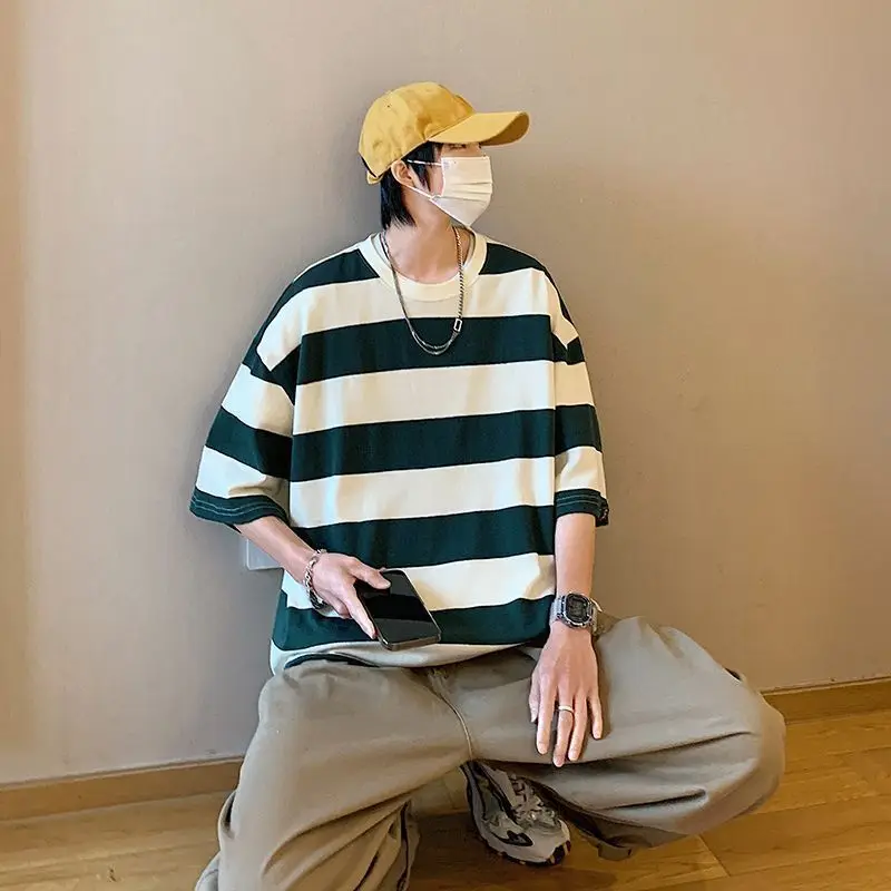 New Loose Contrast Color Short Sleeve Main Striped T-shirts Summer Oversized T-Shirt Japan Hip Hop Loose Half Sleeve T Shirts