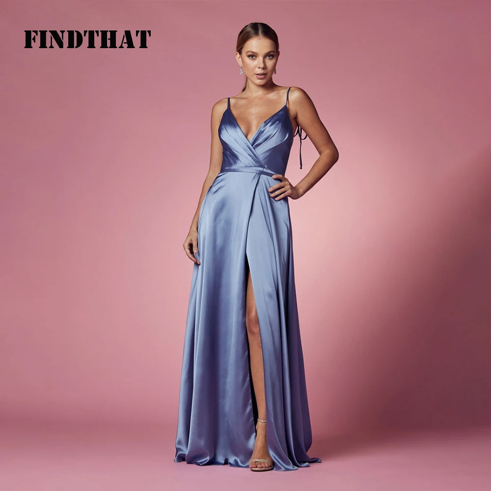 Findthat Spaghetti Straps Pleated Satin A-Line Prom Dress Sexy V-Neck Formal Evening Gowns with Side Slit Bridesmaid Dress