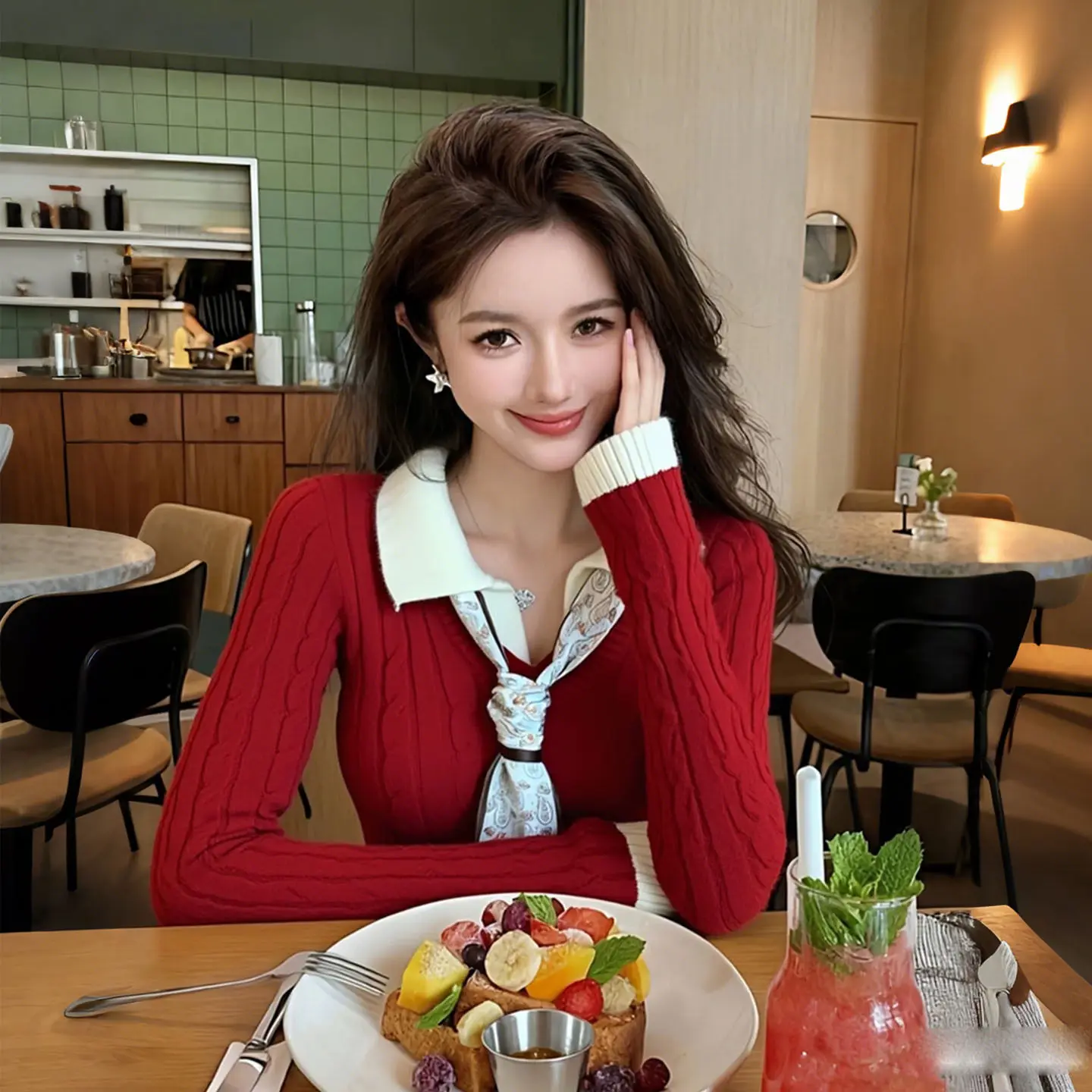 

Red Ne Knitted Sweater Women's Slim Fit ort Sle Long Sve Inner Wear Base irt Spring Faion Commute Sle