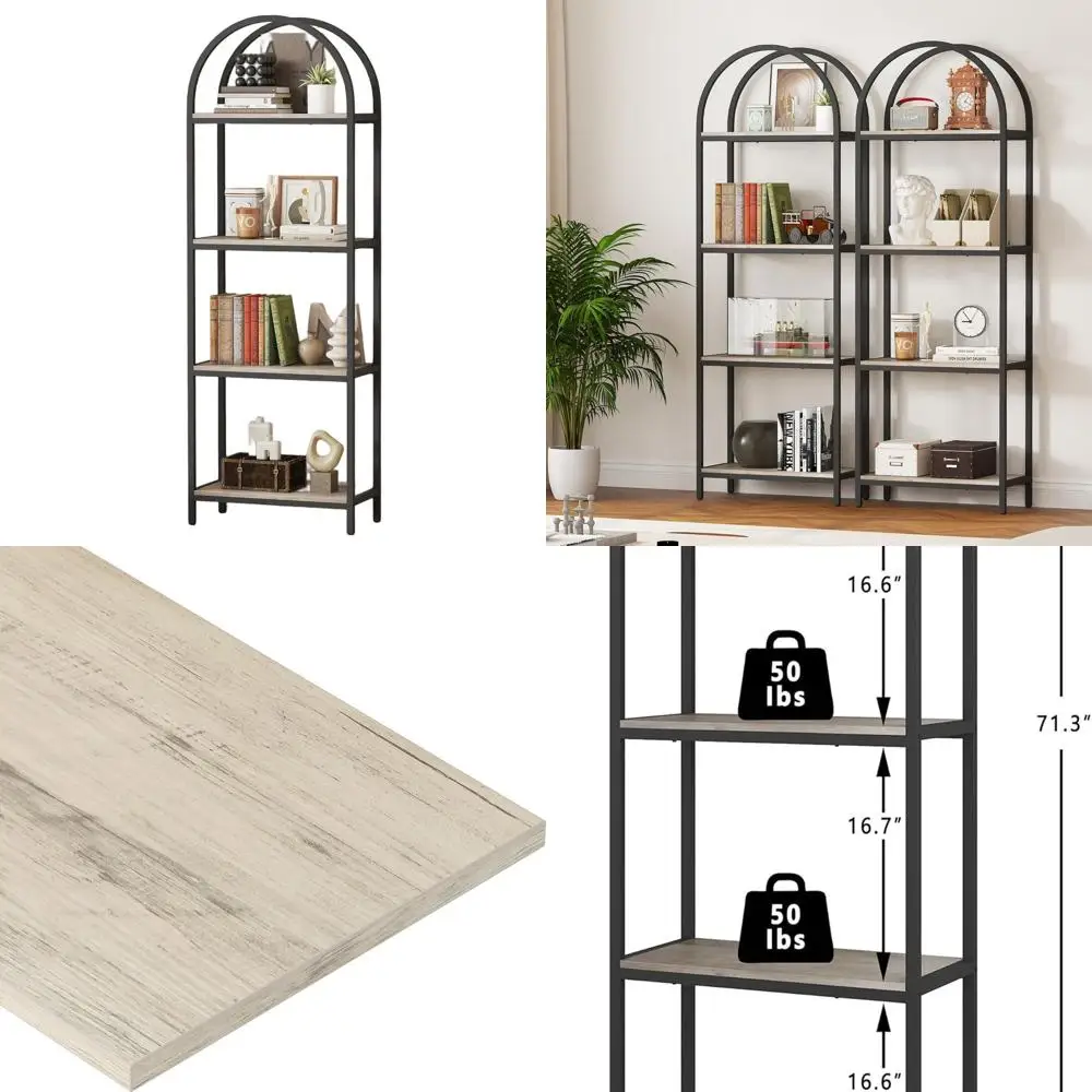

Bookshelf 4 Tier Arched Bookcase, 71.3" Tall Industrial Open Book Shelves for Living Room, Modern Freestanding Display Shelving