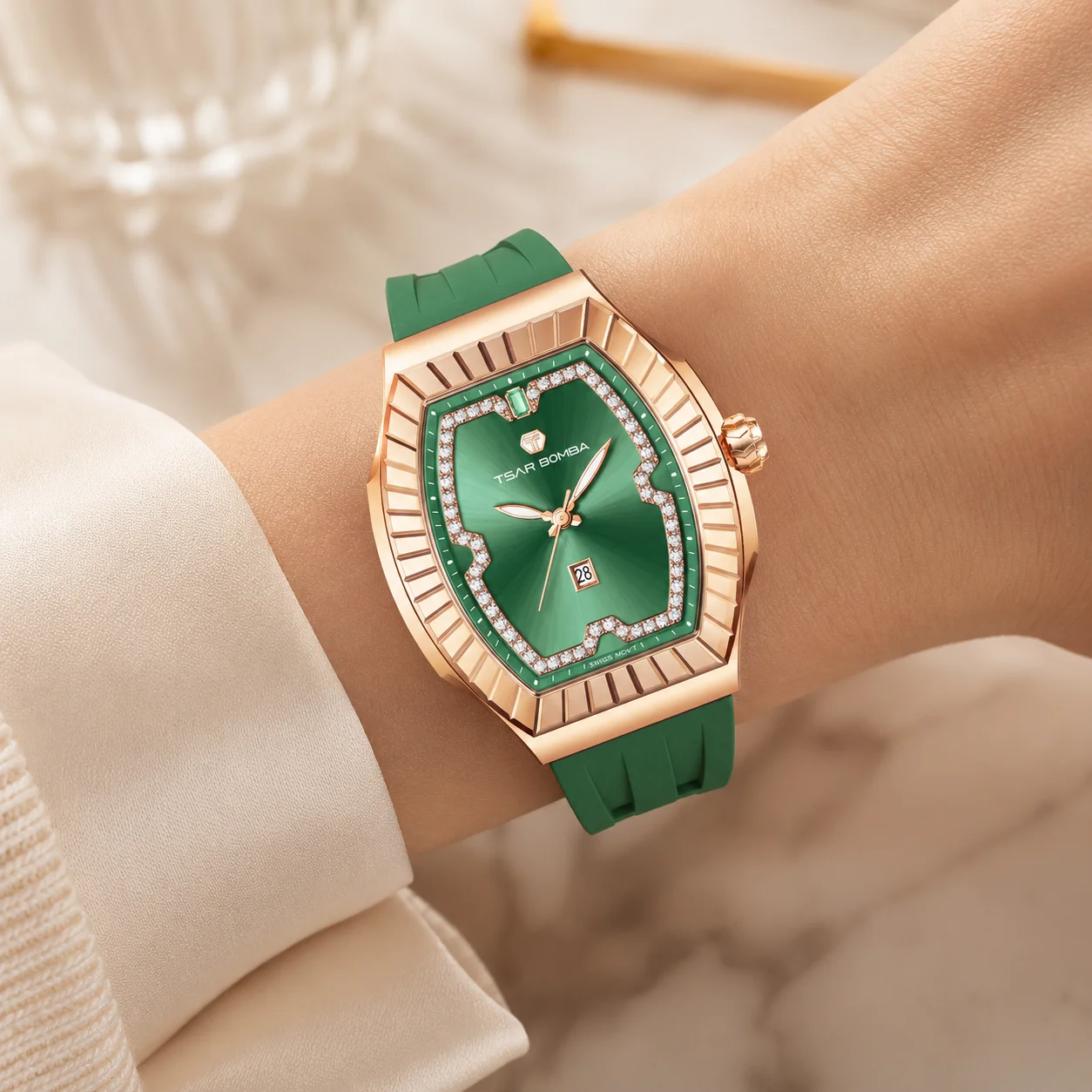 TSAR BOMBA Women Luxury Quartz Watch Swiss Movement Sapphire Crystal Tonneau Case 5 ATM Water Resistant Elegant Fashion Watch