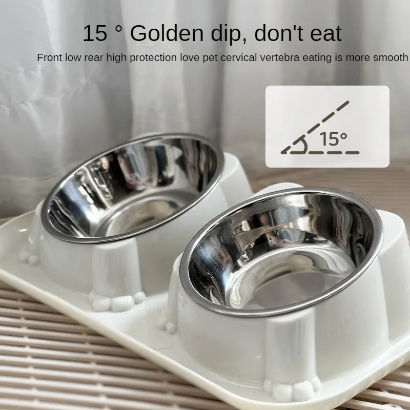 Cat Bowl Double Dog Food Bowl Stainless Steel Anti Overturning Cat Drinking Water and Feeding Bowl Oblique Mouth Pet Supplies