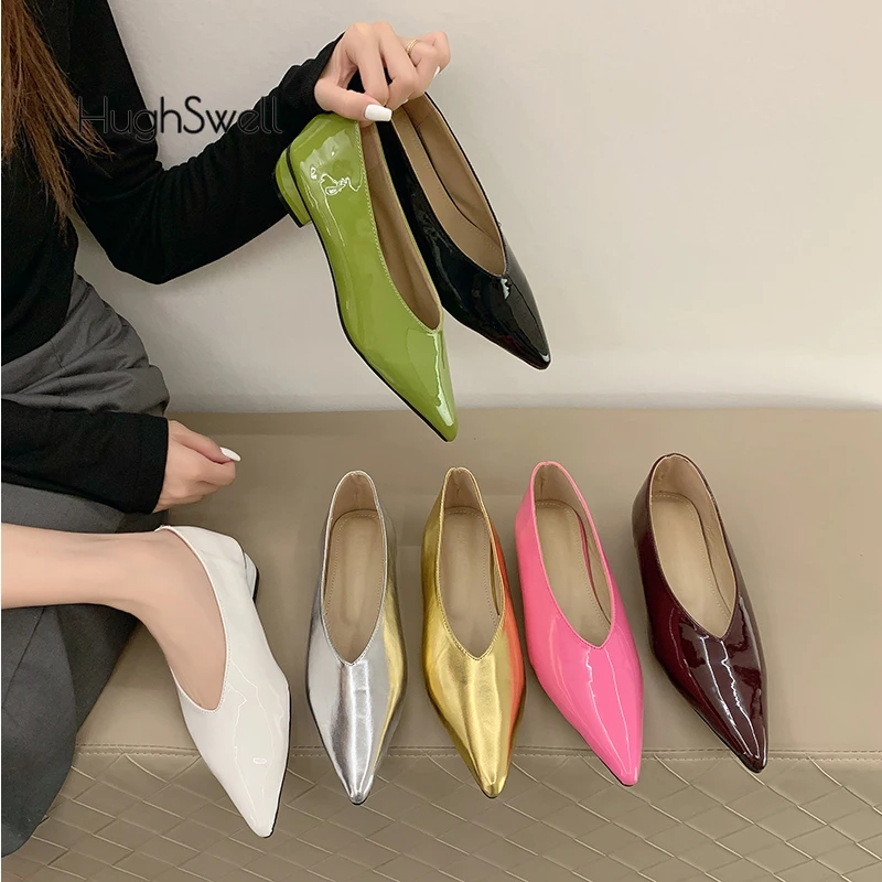 

Luxury Shiny Leather Point Toe Shallow Loafers Woman Concise Low Heel Ballet Shoes Chic Pink Gold Office Lady Slip-on Zapatos