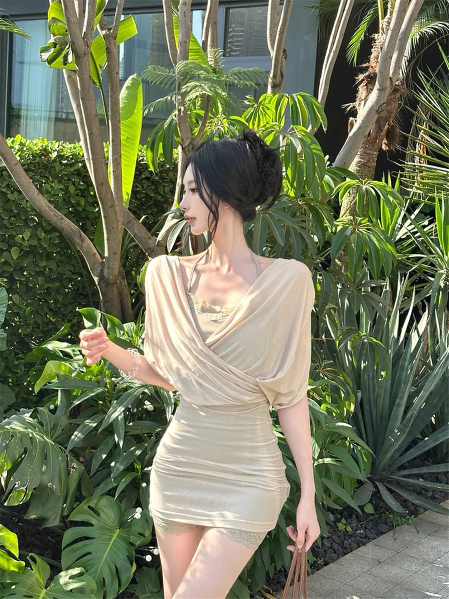 エレピュアディザイアクロスVネックカバーアップレディースセクシーサマートップウエストシンチングヒップカバーワンピースパンツ