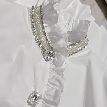 เพชรหรูหราลูกปัดผ้าฝ้ายเสื้อผู้หญิง 2024 ฤดูใบไม้ผลิปุ่มเพชรเสื้อแขนยาว Camisas De Mujer