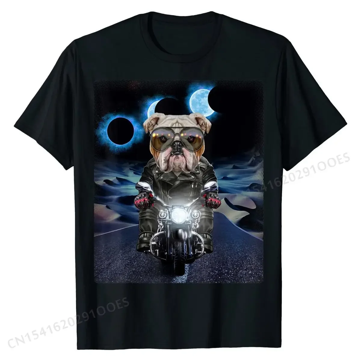 English Bulldog Ride Motorcycle Cruising Desert with Eclipse T-Shirt Normal T Shirt Cotton T Shirt for Men Printing