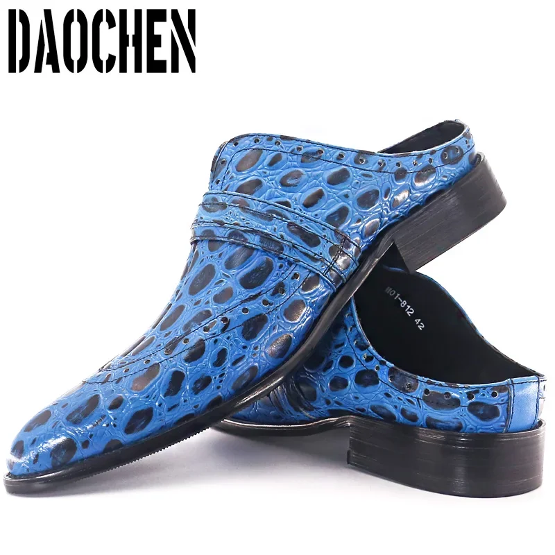 Luxury Mens Leather Shoes Blue Black Slip On Lizard Print Casual Dress Men Shoes Summer Party Banquet Half Shoes For Men