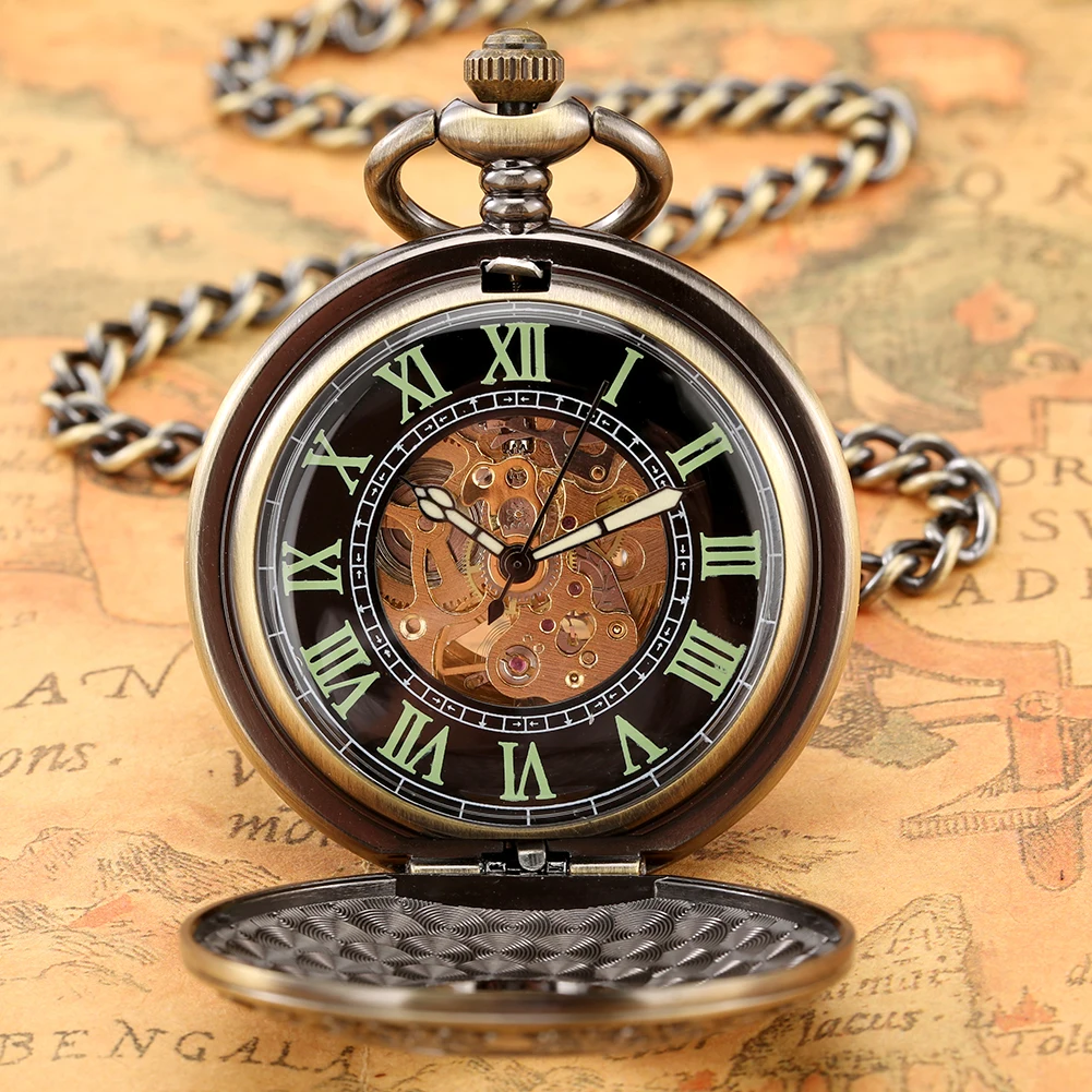 Retro Floral Roman Numerals Carving Cover Automatic/Hand Wind Mechanical Pocket Watch Open Skeleton Pendant Clock Gift Men
