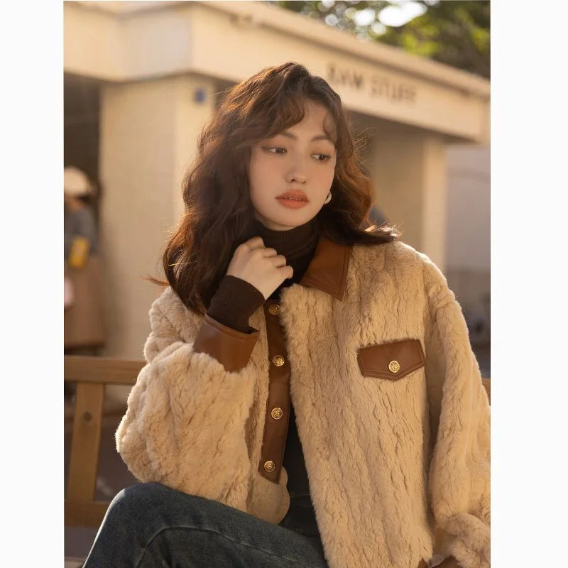 High Quality 2024 Autumn Winter New Women's Lamb Hair Combination Leather Short Thick Coat Imitation Fur Jacket Milk Tea Color