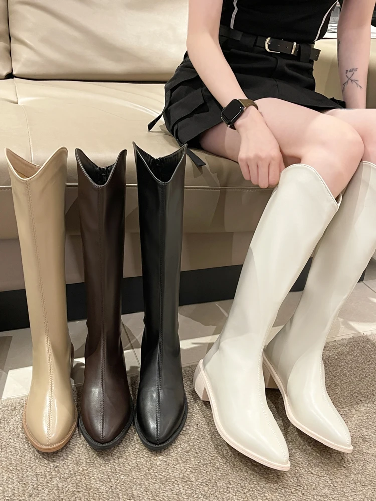 Women Boots Over Knee Female Shoes Boots-Women Zipper Over-the-Knee Ladies Pointy 2024 Leather Med Rubber White Cowboy Riding Ho