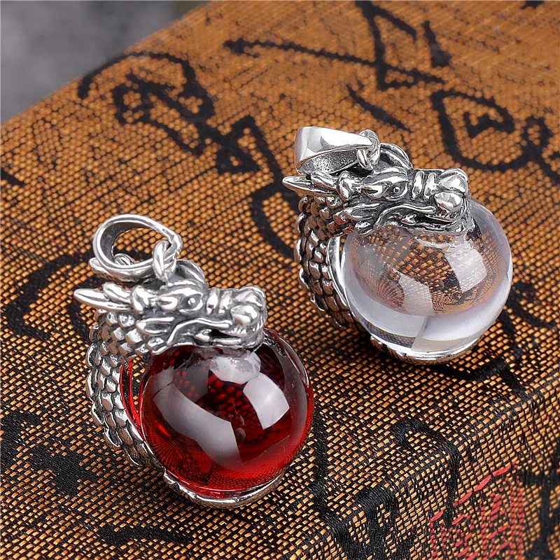 Bestlybuy New Real S925 Inlaid With Garnet/Crystal Ball Dragon Pendant Vintage Thai Silver Fashion Jewelry Couples G