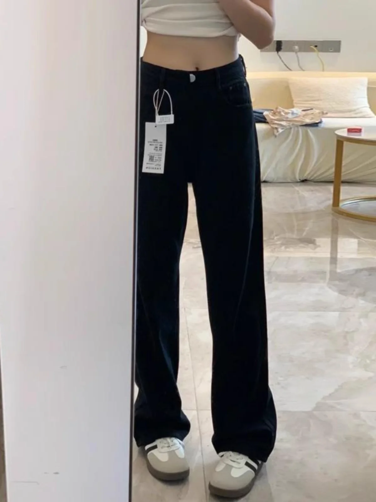 

Большие размеры, свободные прямые джинсы с высокой талией на подкладке, женские повседневные джинсовые брюки с высокой талией, черные утягивающие брюки