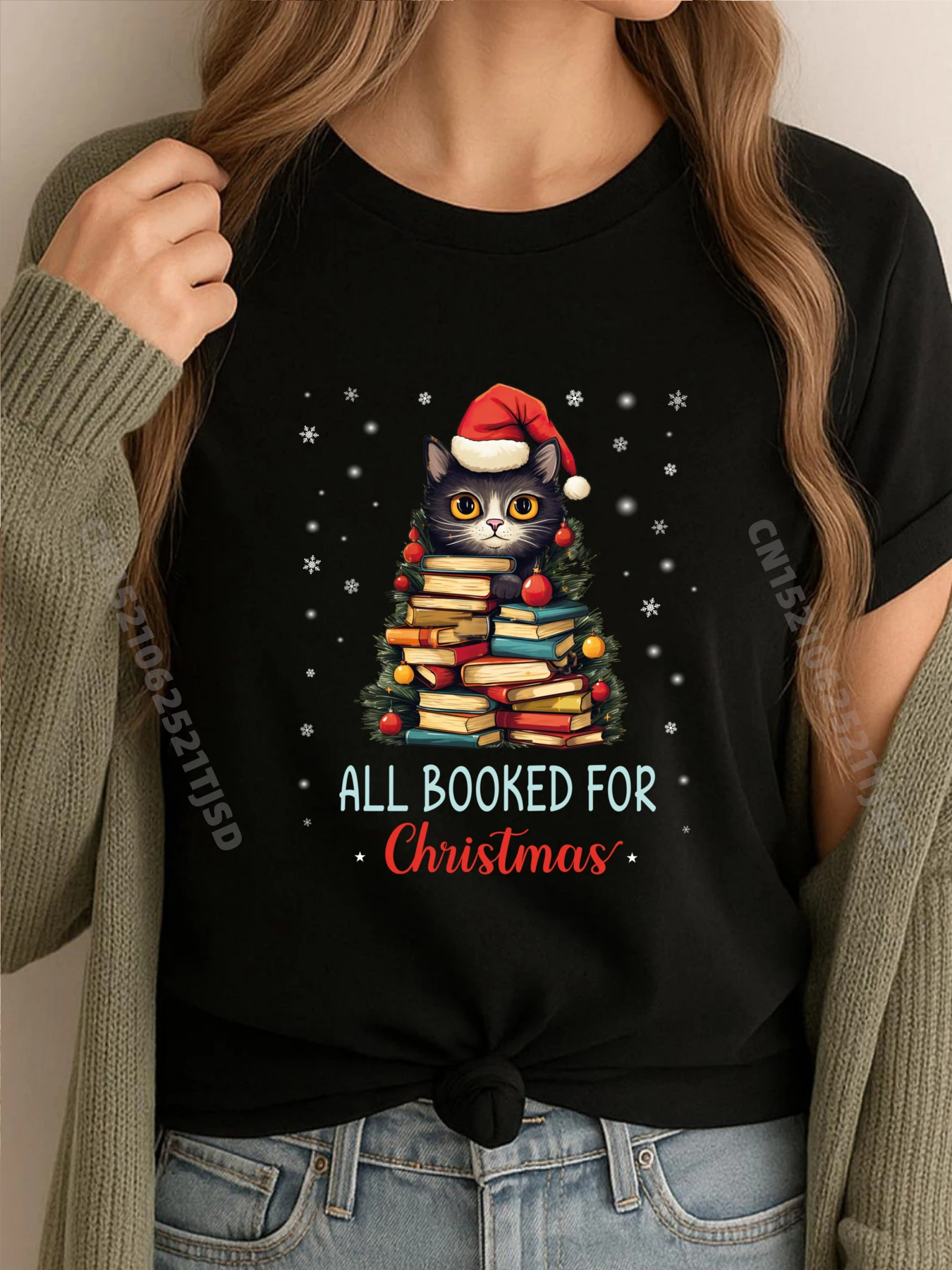 

Все книги на Рождество, черный кот, Санта-Клаус, учительница, книги, дерево, графические рубашки, женская и мужская футболка Homme Cinco de Mayo