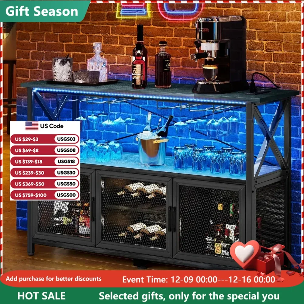 

55" Bar Cabinet with LED Lights, Wine Cabinet with Power Outlet, Bar Table Stand with Wine Rack, Storage Cabinets