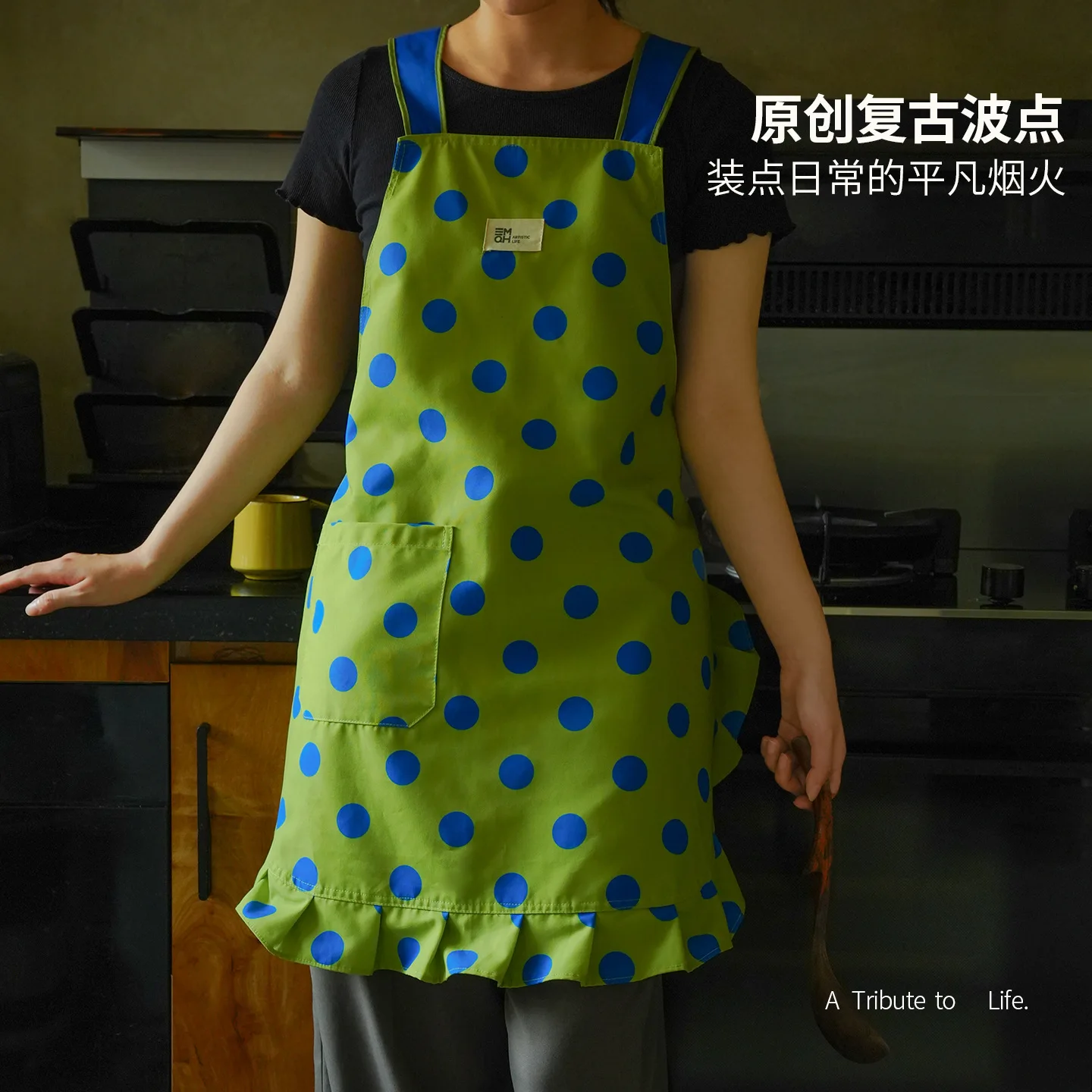 Retro Polka Dot Ruffle Apron for Women Korean Style Water Repellent Home Kitchen Bib Coffee Baking Floral Work Clothes Apron