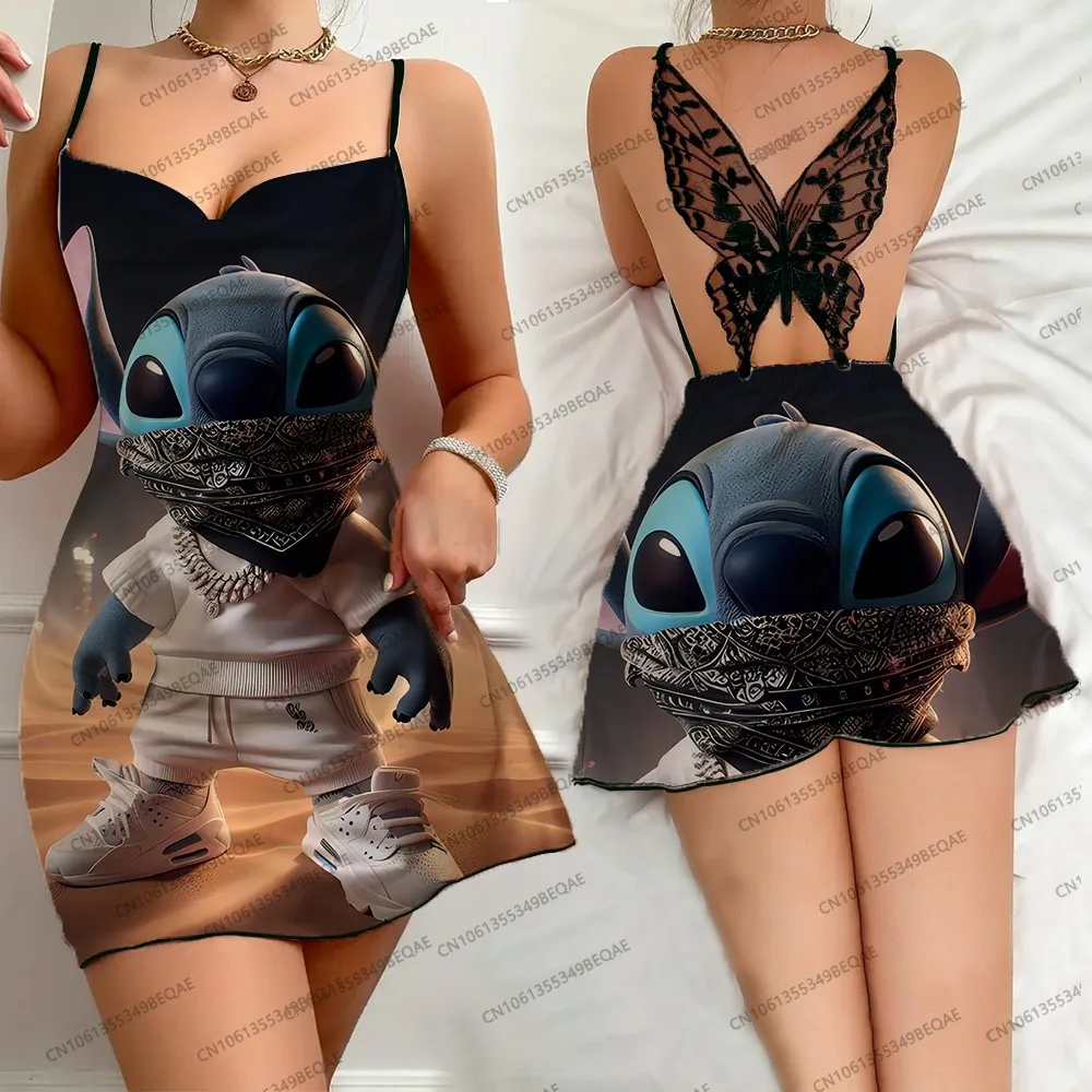 Abito da donna elegante alla moda estiva, festa senza schienale, camicia da notte sexy, senza maniche, gonna con bretelle con stampa a punto di pizzo a farfalla