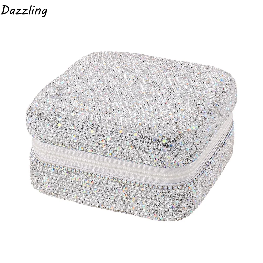 

Роскошная шкатулка для украшений со стразами, двухслойная квадратная дорожная коробка для хранения серег, блестящая, с зеркалом, портативный держатель для колец, для дома