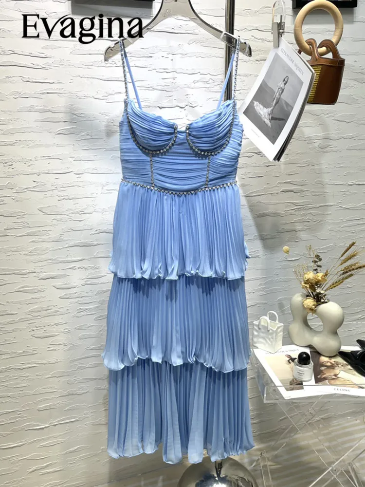 

Evagina Spring/Summer Chiffon Elegant Sexy Diamond Decorated High-Waisted Slim Pleated Blue Suspenders Dress