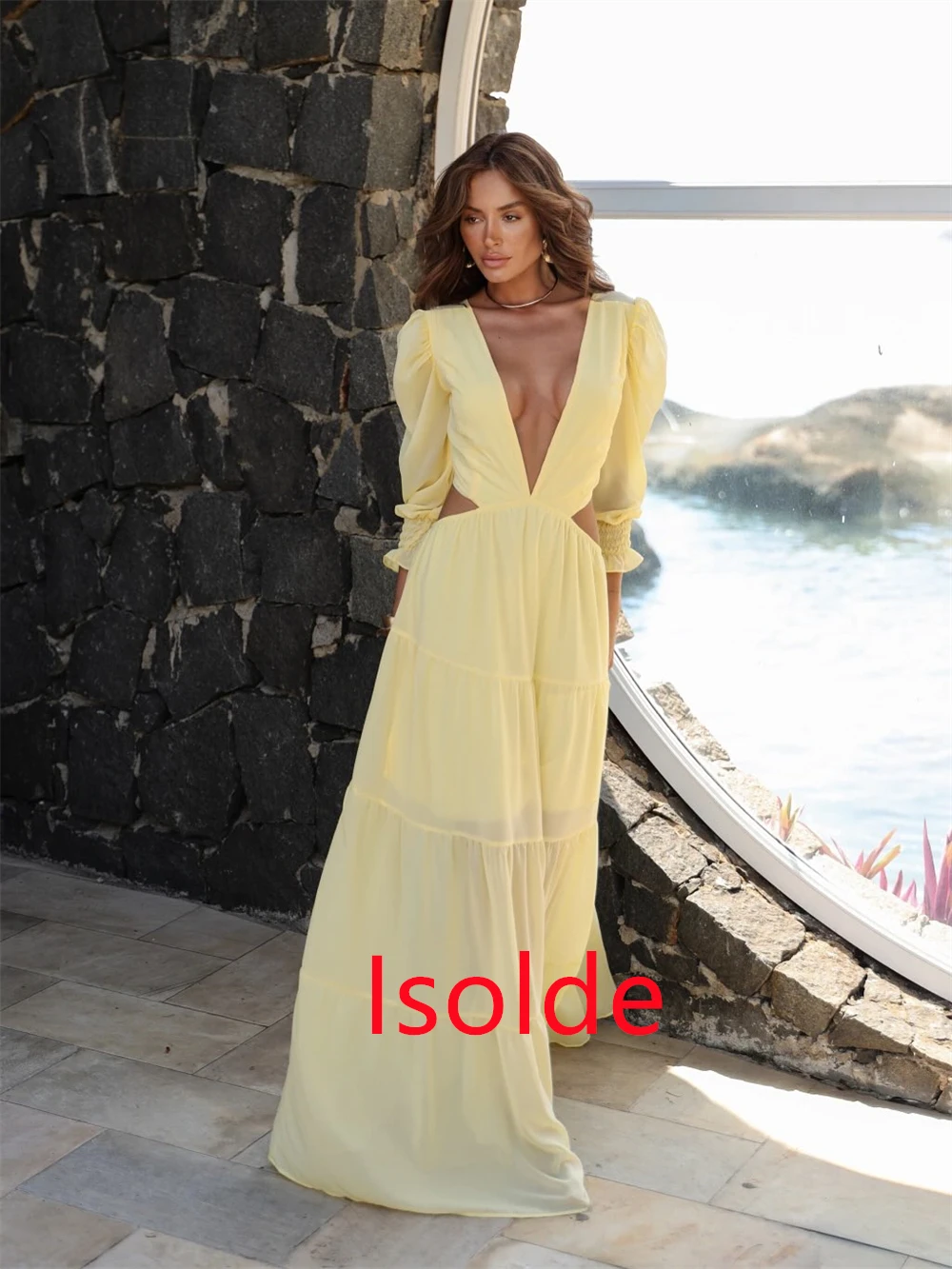 Personalizado macio amarelo chiffon vestido de noite requintado com decote em v mangas compridas vestidos de baile formais vestidos de ocasião especial