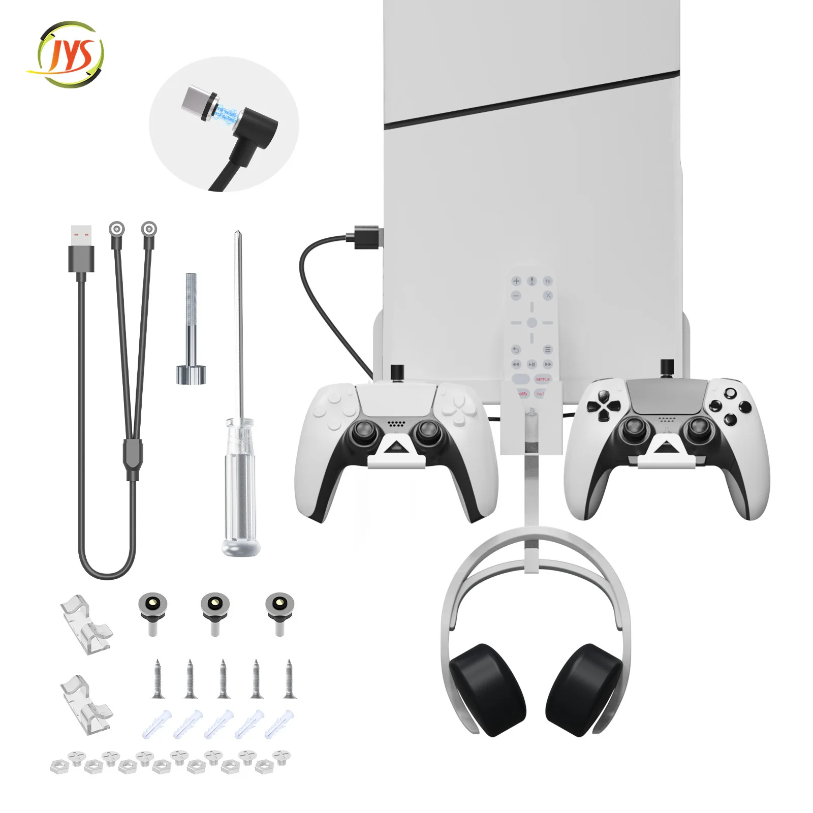 PS5 Slim Disc/digital Version Multi-function Console Gamepad Earphone Wall Hanging Storage Bracket with Charging Cable