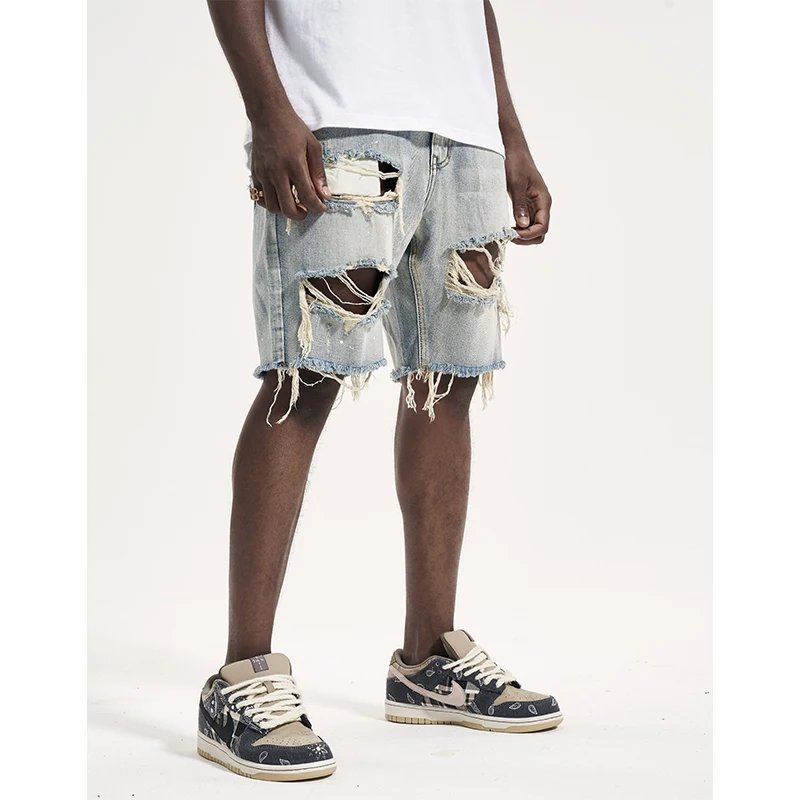 High Street Designer Style Washed and Worn Big Damage Hole Splash Ink Men's Fashion Brand Cowboy Shorts