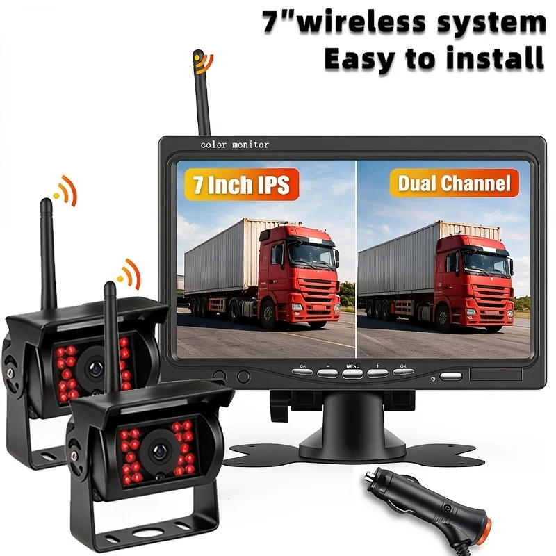 7inch Wireless Backup Camera System AHD 1080P Heavy Duty - 2X Cameras Digital Signal Stable, Truck Trailer RV Reverse Camera Kit