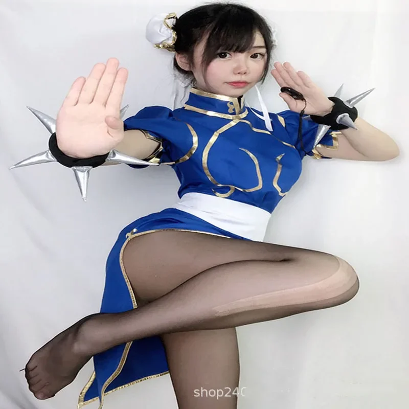 Chun Li trajes cosplay para mulheres e meninas, vestido azul Cheongsam, peruca e pulseira, roupas de festa de Halloween, sutura