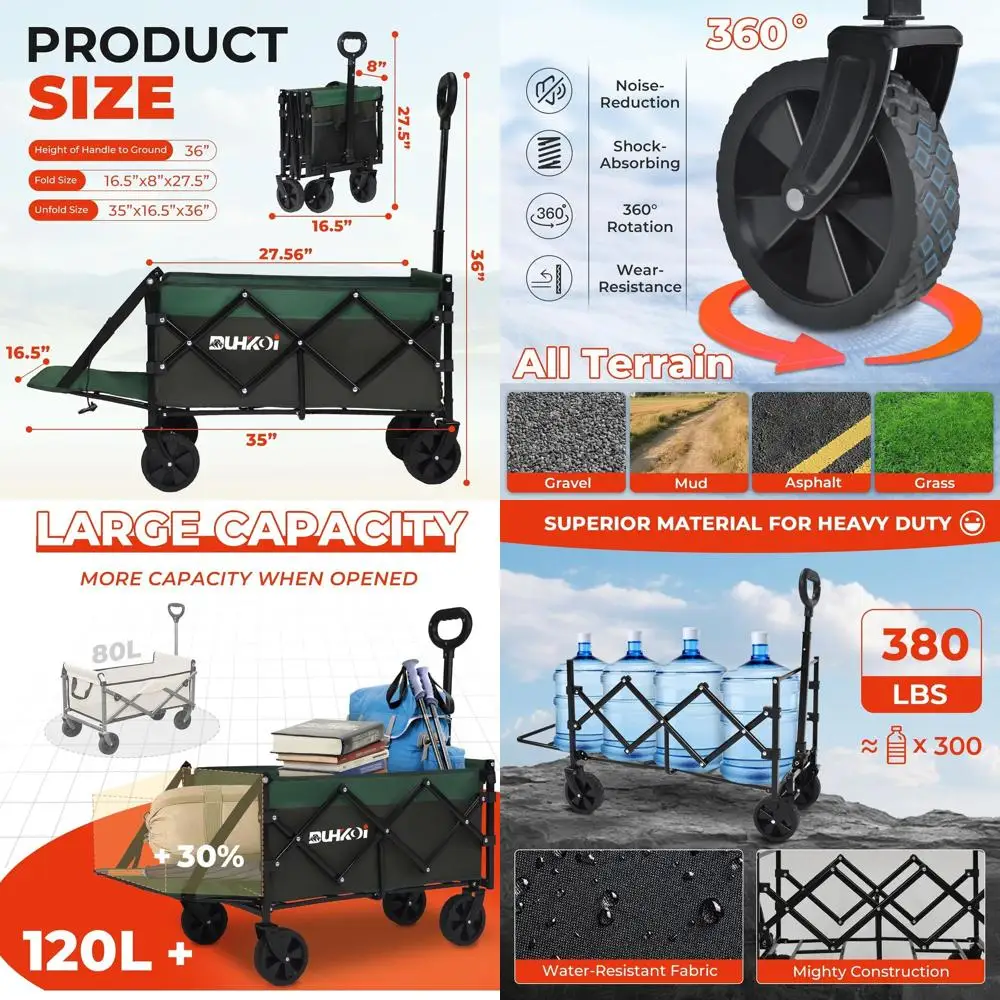 Folding Utility Cart with Wheels, 380lbs Capacity, Compact Design for Outdoors & Grocery Hauling (Army Green)