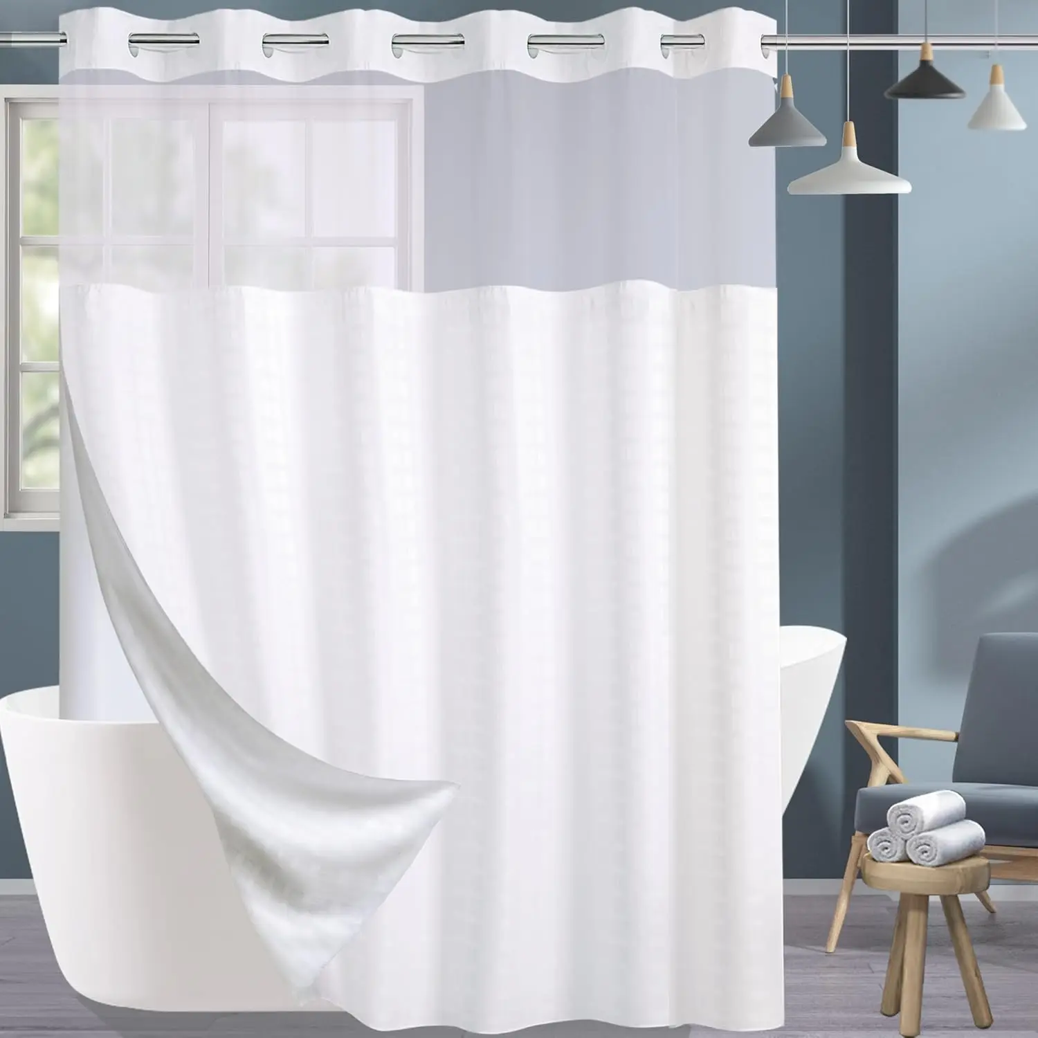 

Extra Wide No Hook Shower Curtain with Snap-in Liner, 108" x 74" White Fabric Bathroom Curtain with See-Through Top Window