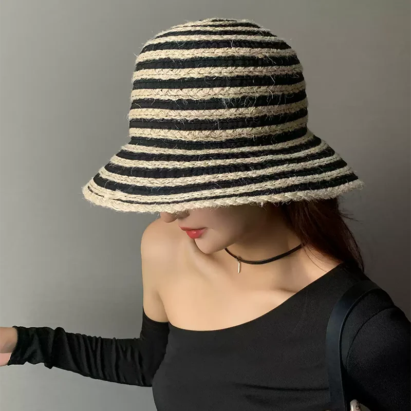 

Новая пляжная соломенная шляпа в корейском стиле для женщин, летняя шляпа-ведро в полоску в стиле ретро, складная портативная панама с вентиляцией