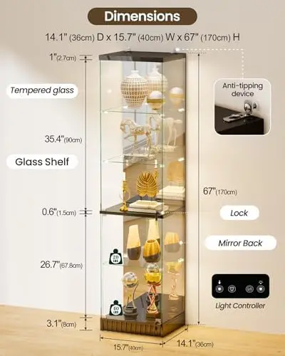 67''H Corner Curio Cabinet - with Glass Door, Lockable Glass Display Cabinet with RGB Motion Sensor Light, 5-Tier